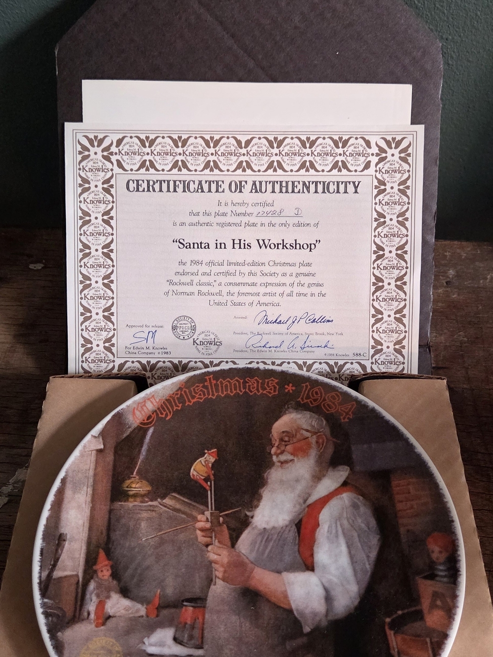 Knowles Santa in His Workshop Decorative Plate - Red, White, Brown